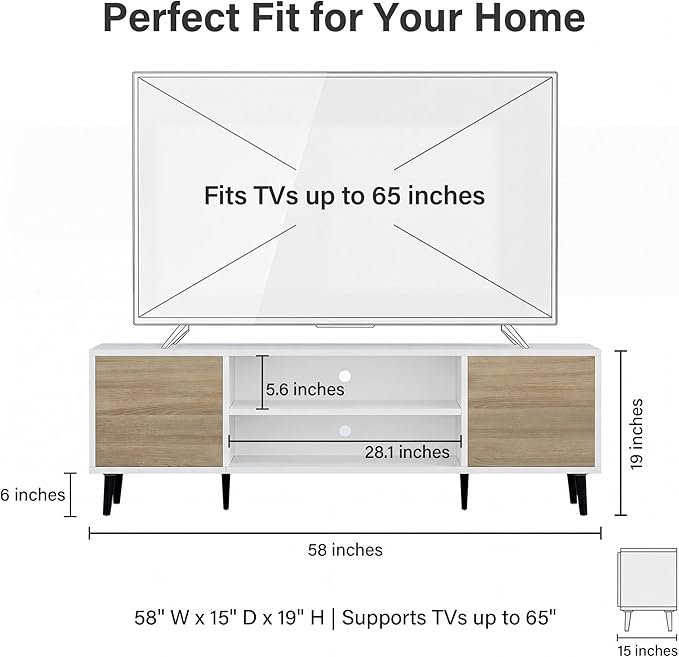 YESHOMY Mid-Century Modern TV Stand for 55-65 Inch TVs, 58 Inch Entertainment Center with Storage, Media Console with Push-to-Open Doors and Cable Management for Living Room, Bedroom(White and Beige)