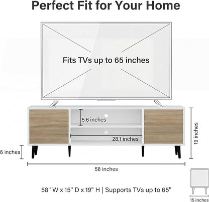 YESHOMY Mid-Century Modern TV Stand for 55-65 Inch TVs, 58 Inch Entertainment Center with Storage, Media Console with Push-to-Open Doors and Cable Management for Living Room, Bedroom(White and Beige)