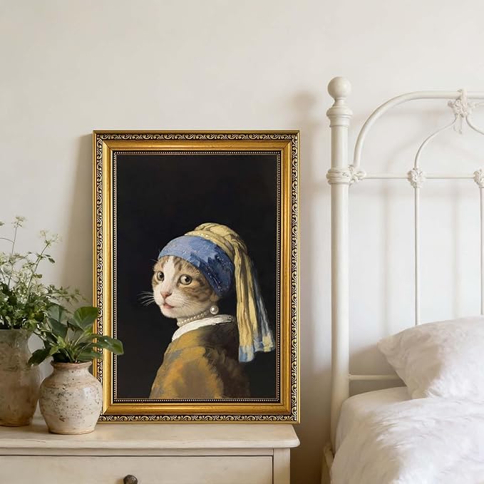 YD&YZY Gold Framed Funny Cat Wall Art Canvas Girl with a Pearl Earring Cat Wall Decor Unique Cute Animal Painting Picture Print Artwork for Bedroom Living Room Bathroom 16x24 inch Framed