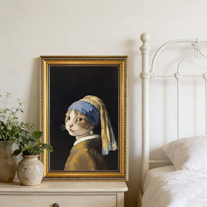 YD&YZY Gold Framed Funny Cat Wall Art Canvas Girl with a Pearl Earring Cat Wall Decor Unique Cute Animal Painting Picture Print Artwork for Bedroom Living Room Bathroom 16x24 inch Framed