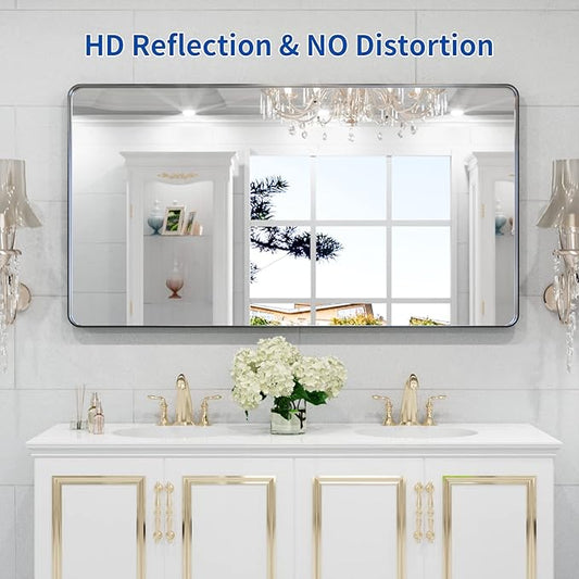WEER Black Metal Frame Bathroom Mirror, 55x30 Inch Black Bathroom Vanity Mirror for Over Sink Wall, Rounded Rectangle Matte Black Mirror, Anti-Rust, Tempered Glass, Hangs Horizontally or Vertically