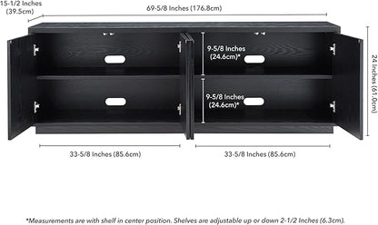 Henn&Hart Fluted TV Stand for TVs up to 75" with 2 Concealed Ribbed Storage Cabinets and Adjustable Shelves for Living Room, Family Room, or Office, Natural Black