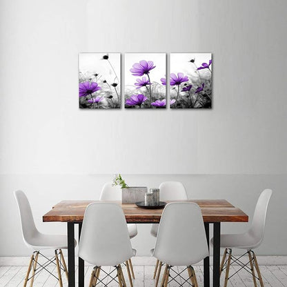 Flowers Wall Art Canvas Pictures Purple Wildflowers Black and White Background 3 Piece Canvas Art Blossom Contemporary Artwork for Home Decoration Office Kitchen Wall Decor 12"x 16" x 3 Panels