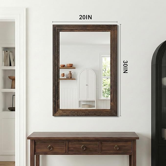 Wood Framed Mirrors for Wall, Brown Bathroom Vanity Mirror for Over Sink 20 x 30, Rustic Wall Mirror for Bathroom Sink Hallway Entryway Bedroom Living Room Farmhouse Boho Style