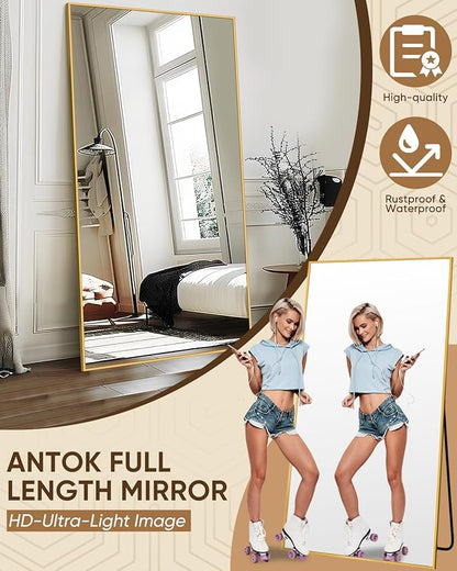 Antok Full Length Mirror, 81"x41" Floor Mirror, Floor Standing Freestanding Full Body Mirror with Stand for Bedroom, Hanging Mounted for Living Room Cloakroom, Gold