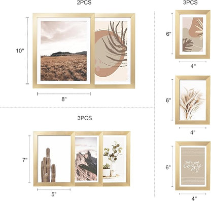ArtbyHannah Gallery Wall Frame Set,Gold Picture Frames Collage Wall Decor with Neutural Art for Living Room Stariway,8 Pack Assorted Size 8"x10",5"x7",4"x6", Small