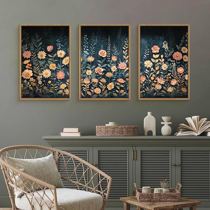 HPNIUB Moody Dark Wildflowers Framed Wall Art Set,Modern Botanical Floral Wall Decor,Dark Blue Colorful Flower Vibrant Printing,Nature Spring Flower Artwork for Living Room, Bedroom,Office-24''x36''x3
