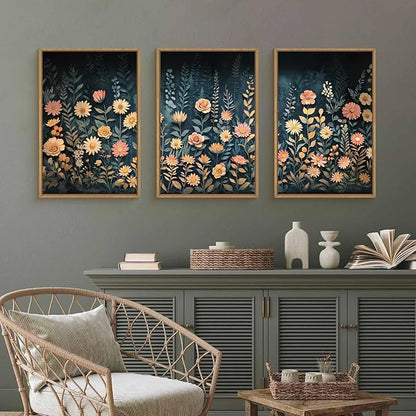 HPNIUB Moody Dark Wildflowers Framed Wall Art Set,Modern Botanical Floral Wall Decor,Dark Blue Colorful Flower Vibrant Printing,Nature Spring Flower Artwork for Living Room, Bedroom,Office-16''x24''x3