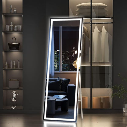 Hasipu Full Length Mirror with Lights, 56" x 15.8" LED Floor, Full Body Dressing Standing, Hanging Mounted Mirror, Square Black
