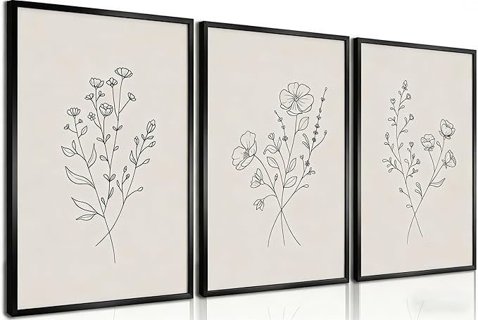 HLUSSBLIEB 3Pcs beige floral art，minimalist botanical line art，modern black and white wall art，Neutral Botanical Floral Wall Art，for Living Room Bedroom Office （16 * 24in） Unframed
