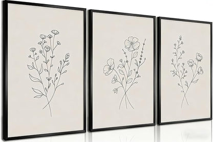 HLUSSBLIEB 3Pcs beige floral art，minimalist botanical line art，modern black and white wall art，Neutral Botanical Floral Wall Art，for Living Room Bedroom Office （16 * 24in） Unframed
