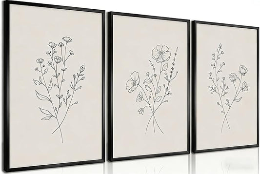 HLUSSBLIEB 3Pcs beige floral art，minimalist botanical line art，modern black and white wall art，Neutral Botanical Floral Wall Art，for Living Room Bedroom Office （16 * 24in） Unframed
