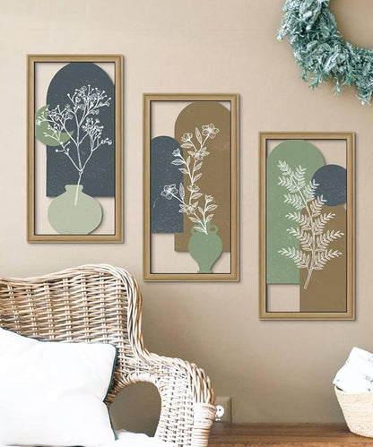 Putuo Decor Botanical Wall Decor Set of 3,Boho Plant Wall Art, Green Bohemian Abstract Wall Decor, Modern Neutral Wooden Frame Decor for Living Room Bedroom Office