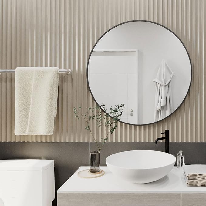 HARRITPURE Round Mirror 15.7" Black Wall Mounted Circle Mirror with Aluminum Alloy Frame Modern Design for Bathroom, Living Room, Vanity, Bedroom, Entryway