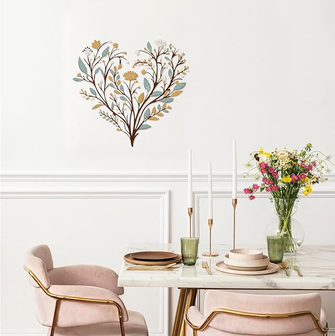 Hnatzu Colorful Flower Metal Wall Art – Vibrant Heart Shaped Floral Decor with Greenery – Boho Chic Printed Wall Decor for Living Room, Bedroom