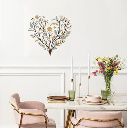 Hnatzu Colorful Flower Metal Wall Art – Vibrant Heart Shaped Floral Decor with Greenery – Boho Chic Printed Wall Decor for Living Room, Bedroom