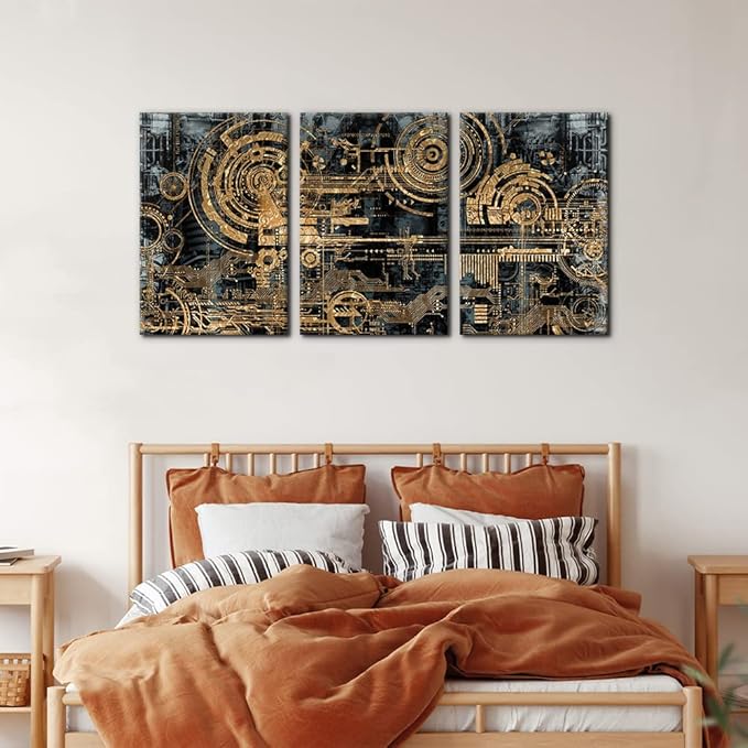 Pacimo 3 Pieces Abstract Canvas Wall Decor Electronic PC Motherboard Circuit Collage Abstract Technology Digital Art Modern Artwork Alternative Urban Shapes Framed Wall Art - 16"x24"x3 Panels