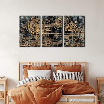 Pacimo 3 Pieces Abstract Canvas Wall Decor Electronic PC Motherboard Circuit Collage Abstract Technology Digital Art Modern Artwork Alternative Urban Shapes Framed Wall Art - 16"x24"x3 Panels