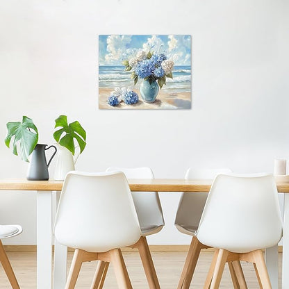 LB Blue Hydrangea Beach Wall Art Blue and White Floral Coastal Ocean Canvas Wall Art Modern Aesthetic Wall Decor for Bedroom Bathroom Living Room Framed Artwork Ready to Hang 16L x 20W