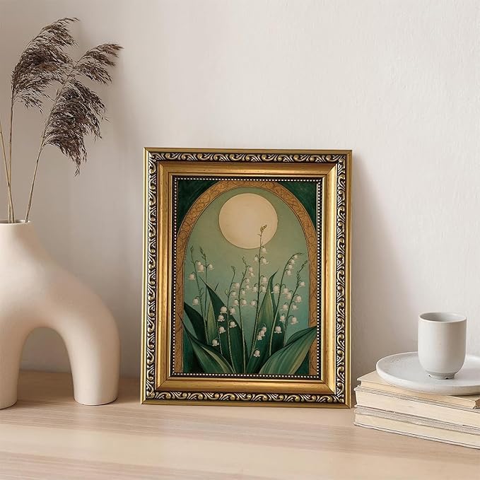 WZGZXU Vintage Gold Framed Wall Art Nouveau Botanical Wall Decor Lily Of The Valley Canvas Art Boho Pictures Floral And Moon Painting Moody Flowers Prints For Living Room Bedroom Bathroom