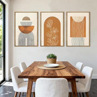 ANHUIB Large Boho Canvas Wall Art,Abstract Geometric Framed Wall Decor,Mid Century Modern Artwork,3 Piece 16x24In Beige Orange Painting for Living Room Bedroom,Office