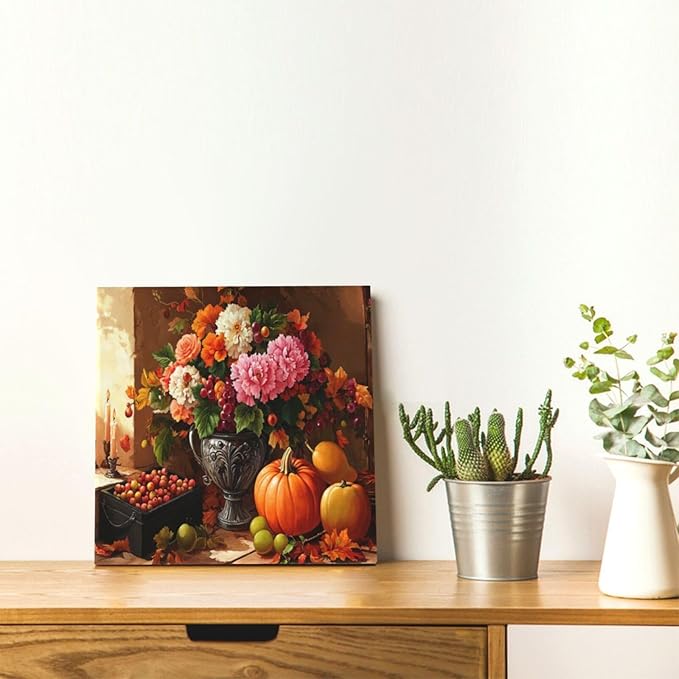 LB Vintage Kitchen Wall Art Pink and White Flower and Orange Pumpkin Floral Canvas Wall Art Modern Aesthetic Wall Decor for Living Room Restaurant Home Decoration Framed Ready to Hang 12L x 12W