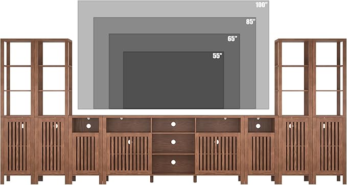 BVIUNTWO Farmhouse TV Stand for 100 inch TVs, Entertainment Center with Bookshelves, 8 Door Media Console with Adjustable Shelves, Storage Cabinet for Living Room Bedroom Home Theater, Rustic Brown
