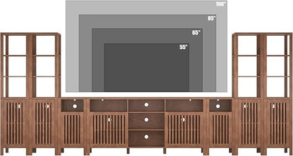 BVIUNTWO Farmhouse TV Stand for 100 inch TVs, Entertainment Center with Bookshelves, 8 Door Media Console with Adjustable Shelves, Storage Cabinet for Living Room Bedroom Home Theater, Rustic Brown