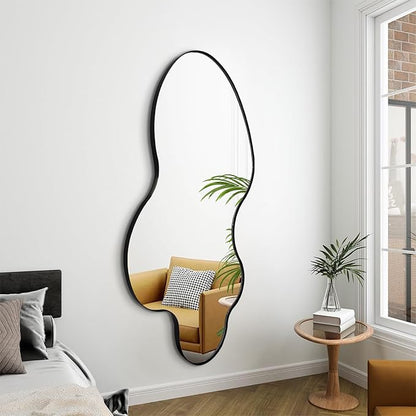 Asymmetrical Wall Mirror, 46.5"x24" Irregular Shaped Mirrors with Black Metal Frame, Modern Abstract Decorative Mirrors for Living Room Bathroom Bedroom Hallway Entryway Fireplace