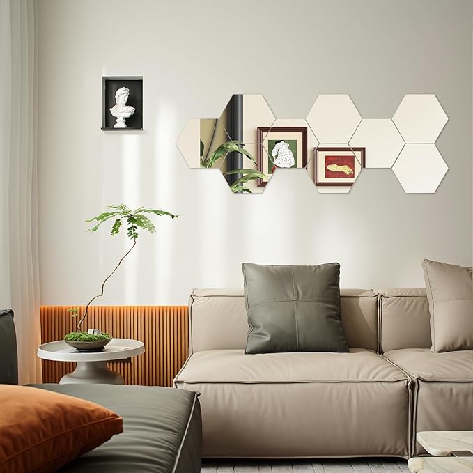 LXCREAT Hexagon Mirror Stickers for Walls 7.8x7.8 Inch 4PCS Peel and Stick Self Adhesive Acrylic Mirrors Tiles 2mm Thick Stick on Wall Mirrors Bathroom Gym Home Decorative