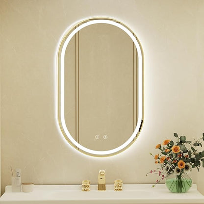 24x40 Inch Oval Gold Framed LED Bathroom Mirror with Lights, Wall-Mounted Mirror with Anti-Fog, 3 Color Temperature, Dimmable Brightness, Waterproof, Tempered Glass, Frontlit & Backlit