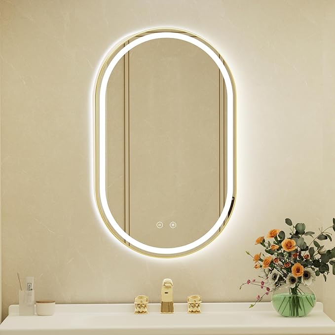 22x36 Inch Oval Gold Framed LED Bathroom Mirror with Lights,Wall-Mounted Mirror with Anti-Fog, 3 Color Temperature, Dimmable Brightness, Waterproof, Tempered Glass, Frontlit & Backlit