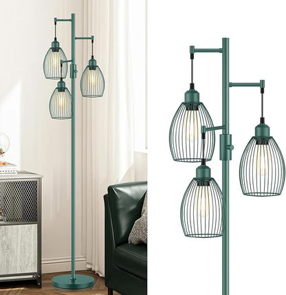 Dimmable Floor Lamp, Industrial Floor Lamps for Living Room, Green Tree Lamp Standing Lamp Tall Lamps with 3 Elegant Teardrop Cage Head & 800 Lumens LED Bulbs for Living room Bedroom Dining Room