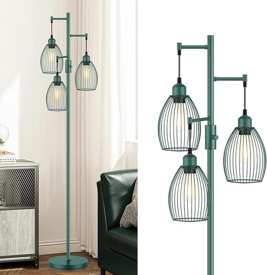 Dimmable Floor Lamp, Industrial Floor Lamps for Living Room, Green Tree Lamp Standing Lamp Tall Lamps with 3 Elegant Teardrop Cage Head & 800 Lumens LED Bulbs for Living room Bedroom Dining Room