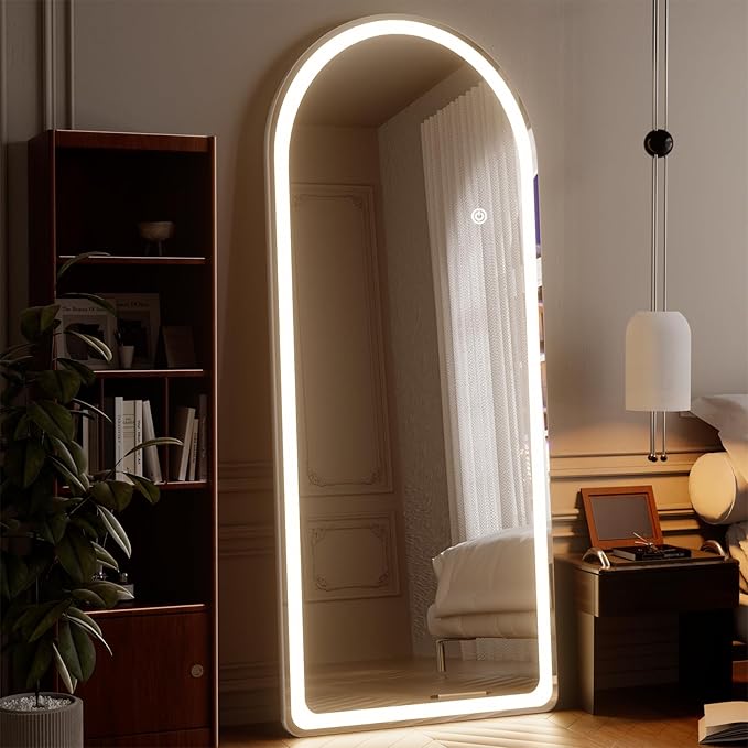 Arch LED Mirror Full Length - 26" x 71" Arched Top Rounded Corners Floor Full Body Mirror with 3 Color Lights Brightness Adjustable, Standing Leaning for Bedroom, Dressing Room, White