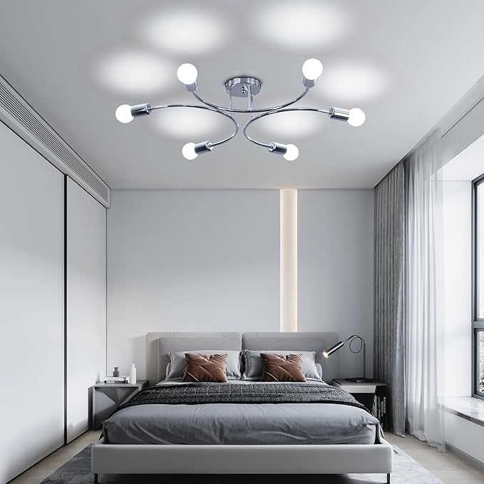 FRIXCHUR 6-Light Sputnik Chandelier, Sliver Mid-Century Modern Semi Flush Mount Ceiling Light, Metal Fixture with E26 Sockets for Bedroom, Living Room, Kitchen (Bulbs Not Included)