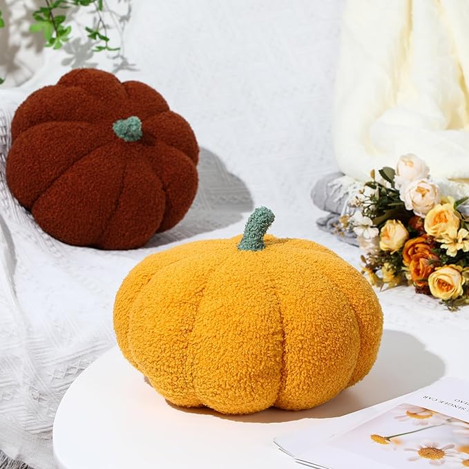 Kajaia 2 Pcs Simulated Pumpkin Plush Pillow 11 x 9.5 Inch 3D Cushion Fall Decorations Stuffed Throw Pillows Toy for Fall Halloween Thanksgiving Bedroom Sofa Couch Supplies (Yellow,Brown)