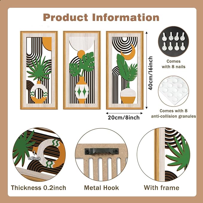Celestdeco 3 Pcs Boho Botanical Wall Decor,Botanical Modern Wood Wall Art Bohemian Plants Hanging Decor Abstract Leaves Minimalist Wooden Art for Living Room Bedroom Office 7.9 x15.8 Inch