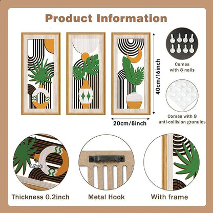 Celestdeco 3 Pcs Boho Botanical Wall Decor,Botanical Modern Wood Wall Art Bohemian Plants Hanging Decor Abstract Leaves Minimalist Wooden Art for Living Room Bedroom Office 7.9 x15.8 Inch
