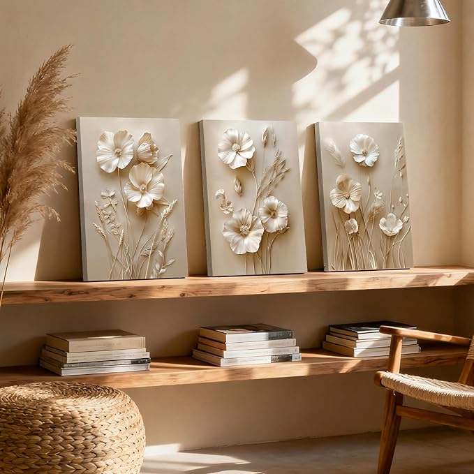 WENGTIAO 3Pcs Beige Flower Canvas Wall Art Prints Neutral Floral Plant Wall Painting Minimalist Botanical Blossom Poster Picture Vintage Artwork Home Decor for Living Room Bedroom Office 16”x24”x3Pcs