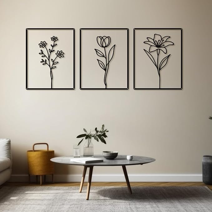 Otoolling 3 Pieces Metal Minimalist Line Kitchen Signs Wall Decor Drawing Rustic Bathroom Wall Art for Dining Living Room Bathroom Home, 14 x 11 Inches (Flower,Black)