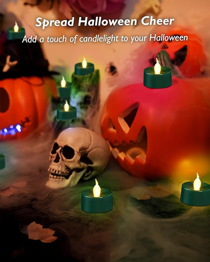 merrynights Green LED Candles, 24 Pack Tea Lights Candles Battery Operated, Flameless Tealight Candle, Realistic Tea Lights for Halloween Christmas Party Decor Mardi Gras