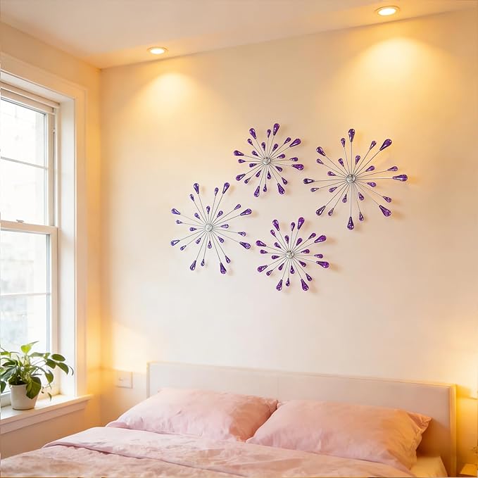 ZEXUIRU 4 Pcs Purple Starburst Wall Decor Metal Bling Wall Art Crystal Accents 3D Modern Decoration Glam Hanging Sculptures for Living Room Bedroom Office Teen Girl Room – Easy to Hang Home Decor Set
