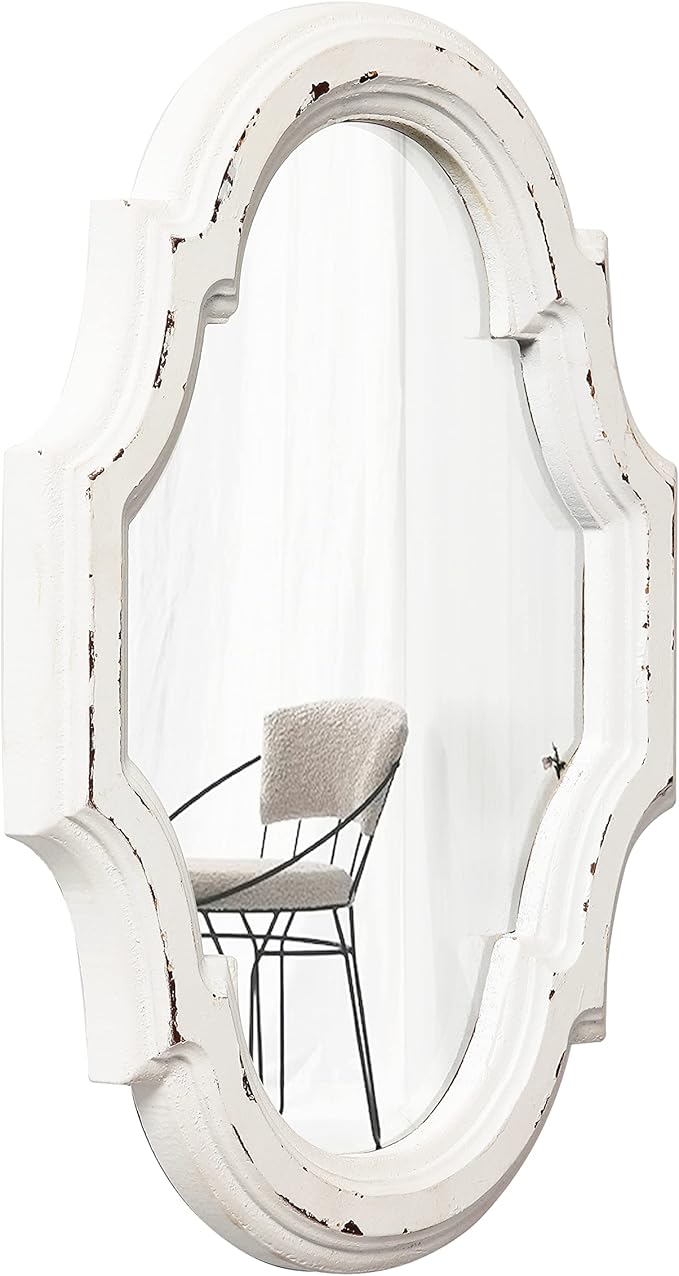 Small Vintage Oval Mirrors for Wall Decor 11 inch, Hanging Farmhouse Wood Entryway Mirror, Distressed White Rustic Scalloped Mirror, Ornate Accent Sculpted Mirrors for Living Room