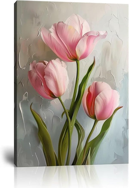 Tulips Pictures Wall Art for Bathroom Pink Flowers Modern Spring Floral Paintings Canvas Prints Artwork for Living Room Bedroom Home Decoration Framed