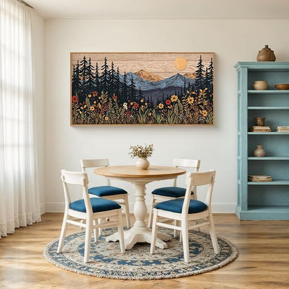 Houria Mid Century Woodland Mountain Framed Canvas Wall Art Set,Vintage Natural Sunset Wildflower Forest Field Decor,Wilderness Boho Floral Pine Tree Landscape Artwork for Living Room,Office-20"x40"x1