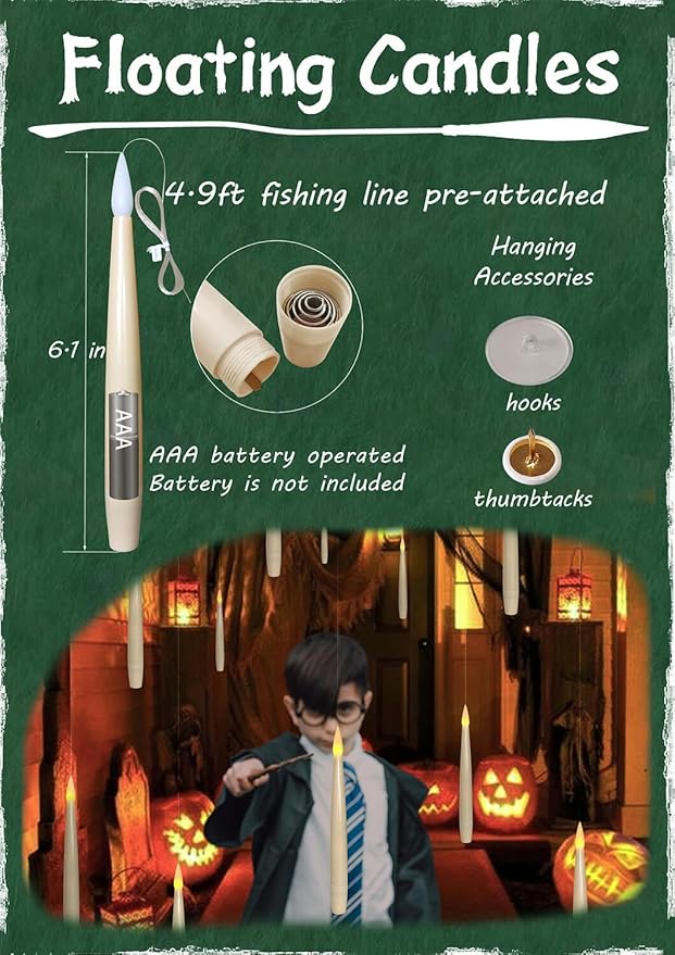 Leejec Floating Candles with Magic Wand Remote(6/18H Timer), 12pcs 6.1" Hanging Flameless Taper Candles, Battery Operated Flickering Warm Light, Halloween Christmas Gift, Wedding Party Decor (Ivory)