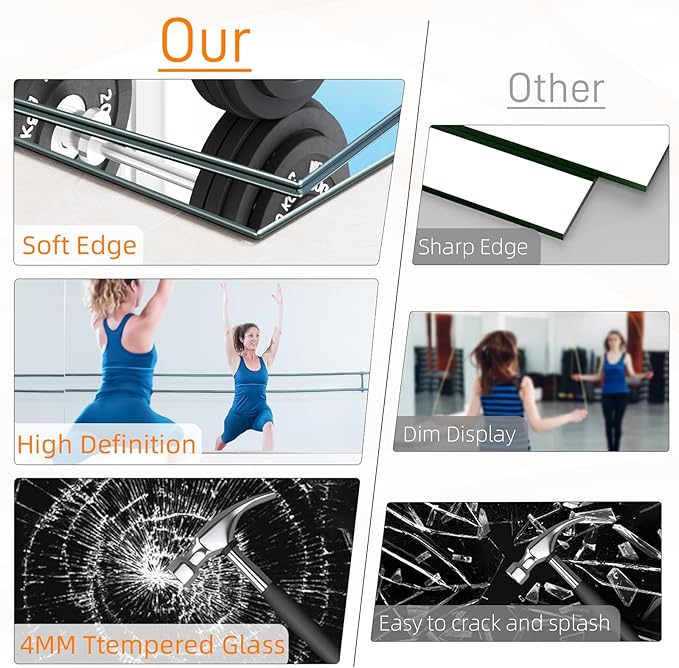 pertetey Home Gym Mirror, 2Pack 56X16 Inch Frameless Large Tempered Glass Wall Mounted Full Mirror for Gym, Yoga Studio, Dancing Studio