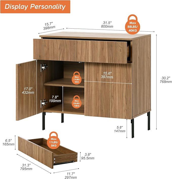 WAMPAT Fluted TV Stand TVs up to 35", 31.5" W Modern TV Entertainment Center with Storage Cabinets and 1 Drawers & 2 Doors, Wood Media TV Console Table with Storage for Living Room, Light Walnut