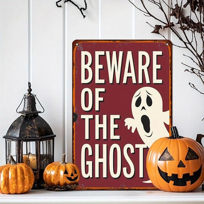 Beware of the Ghost Halloween Metal Tin Sign Vintage Rustic Wall Decor for Halloween Parties Haunted Houses Man Caves and Entryways Decorative Signs Metal Poster 8x12 Inch